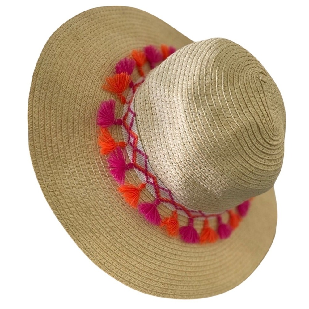 Straw Beach Hat, Floppy Brim, with Pink & Orange Fringe & Gold Sparkle, Bohochic